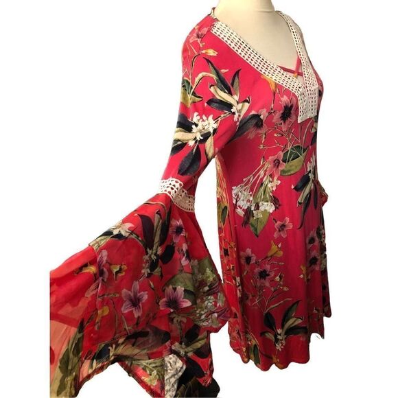 Cupio Ladies Size M Pink Floral Flutter Bell Sleeve Knit Dress mixed media sleev - Picture 8 of 14